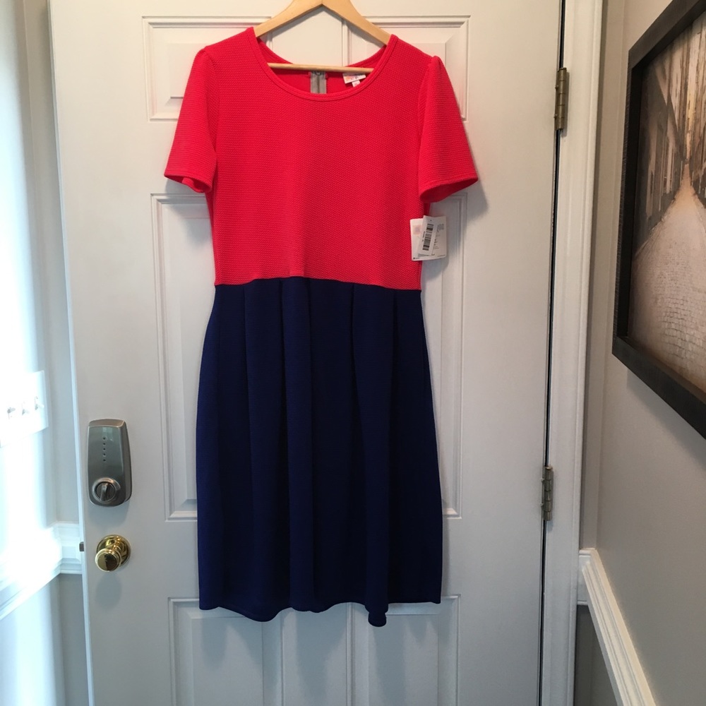 LuLaRoe Amelia Dress in Navy and pink.